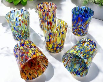 6 TUMBLER CLASSIC Glasses in Blown and Handcrafted Glass with Murano Murrine, “I Colori di Murano” line 350 ml. Made in Italy