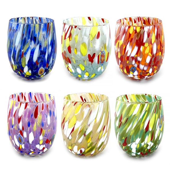 6 Glass Water Glasses "The Colors of Murano". COLOMBINA-MIX