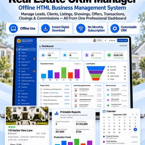 May include: Agent Command Center Pro Real Estate CRM Manager software interface displaying a dashboard with transaction volume, lead pipeline, task lists, upcoming appointments, printable reports, and a calendar for business management.