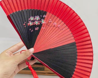 Japanese Flowers Folding Fan, Red Black Bamboo Fan, Cosplay Dance Hand Fan, Chinese Hanfu Folding Fan, Clothing Accessories, Handmade Fans