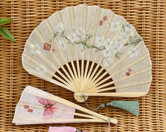 White Floral Leaf Folding Fan, Semi-Circle Bamboo Hand Fan, Butterfly Pattern Fan, Accessories for Party and Wedding, Unique Christmas Gifts