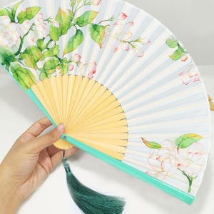 Chinese Classical Fan, Silk Hand Tassel Fan, Blooming Flower Art Fan, Handmade Traditional Dance Fan, Photography Props, Wedding Party Gift