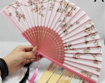 Pink Flowers Folding Fans, Sakura Silk Fabric Wood Hand Fan, Wedding Bridal Handheld Fans, Summers Dance Party Favours Bamboo Ribs Fan Gifts