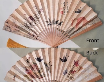 10-inch Double-sided Pattern Fan, Butterfly Cat Summer Fan, Portable  Folding Fan, Silk Bamboo Hand Held Fan,Large Fan with Tassel for Party