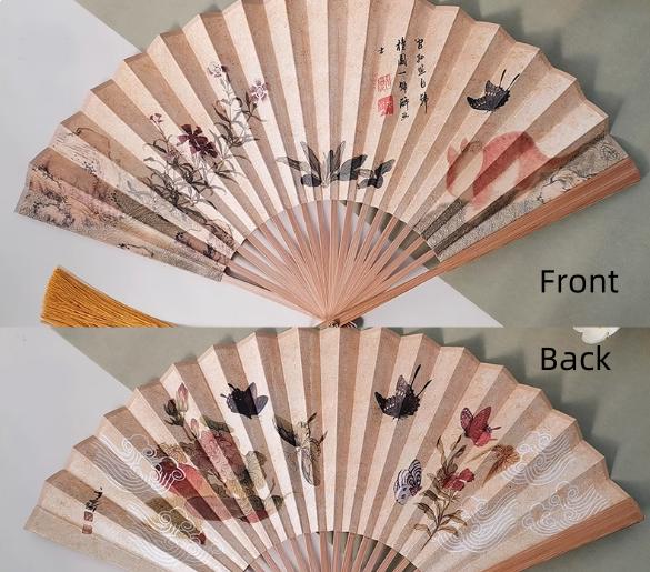 10-inch Double-sided Pattern Fan, Butterfly Cat Summer Fan, Portable Folding Fan, Silk Bamboo Hand Held Fan,Large Fan with Tassel for Party
