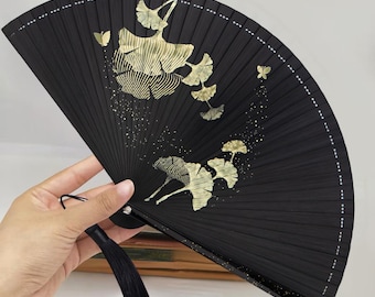 Ginkgo Bamboo Hand Held Fan, Maple Leaf and Moon Butterfly Folding Fan, Chinese Hand Fan Home Decor, Hanfu Folding Fan, Elegant Dancing Fan