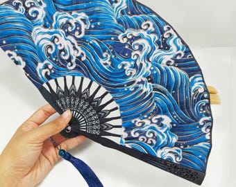 Sea Wave Handheld Fan, Hand Printed Banboo Folding Fans, Summer Portable Fans, Cosplay Party Fans, Unisex Minimalism Hand Fans, Bridal Gifts