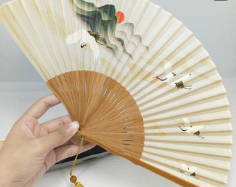 Mountains Crane Handheld Fan, Bamboo Silk Folding Fan, Chinese Traditional Hand Fan, Sunset Folding Fan, Wedding Party Favors Gift For Guest
