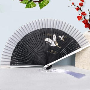Celestial Cranes Dance -Silk Bamboo Fan, Beach Wedding Favor, Bulk Summer Personalized Fans, Tai Chi Practice Fan, Portable Folding Fan,Gift