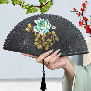 Bamboo Fan with Peony, Carved Portable Fans, Hand Held Fan for Beach Party, Fan For Wedding, Elegant Handheld Fans, Parents Birthday Gift