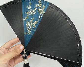 Elegant Mini Bamboo Ribs Fan, Flowers Handheld Fan, Black and Blue Hand Fan with Tassel, Vintage Folding Fan, Home Decor, Best Party Gifts