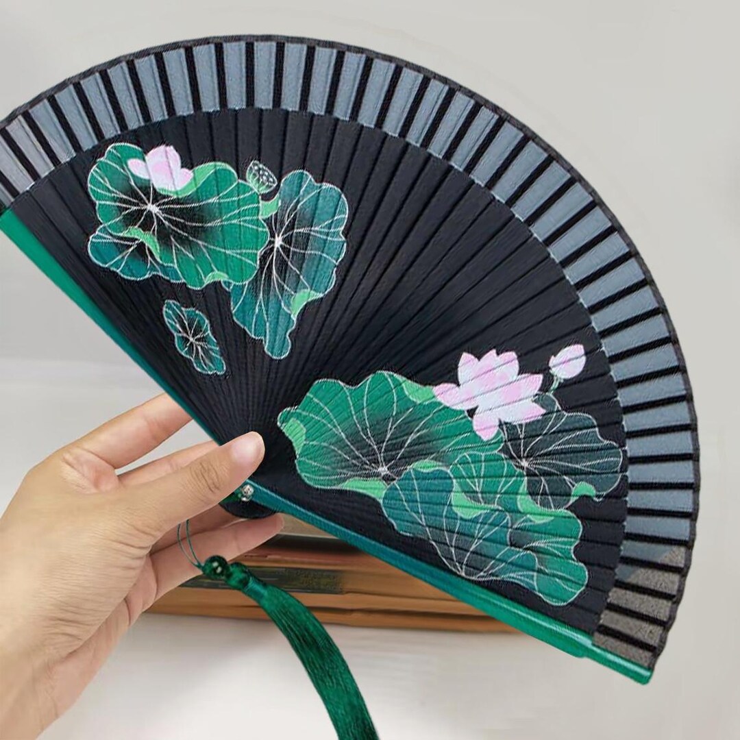 Lotus Bamboo Floding Fan, Bamboo Silk Hand Held Fan, Chinese Handheld ...