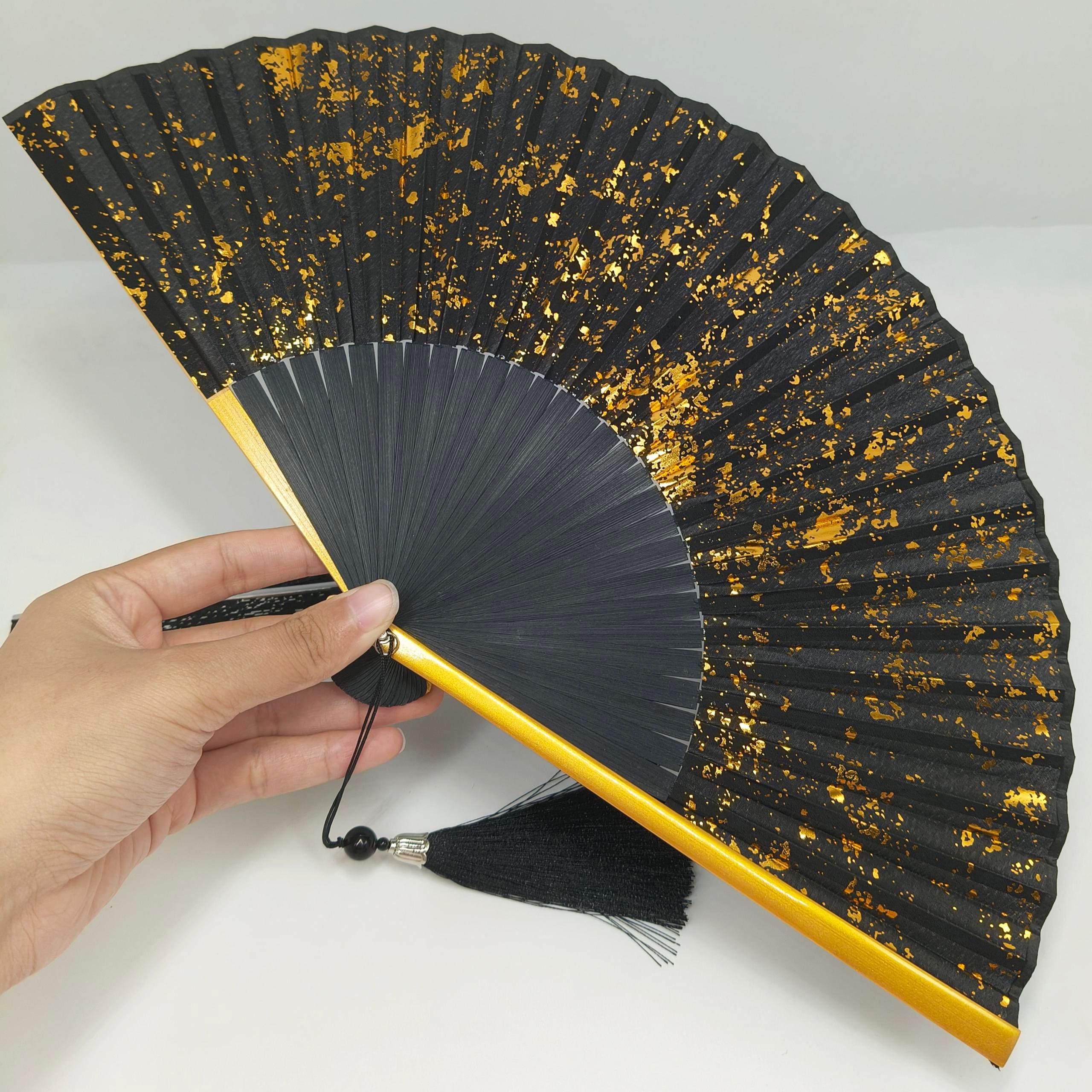 Sprinkling Golden Folding Fan, Japanese Silk Hand Fan, Classical