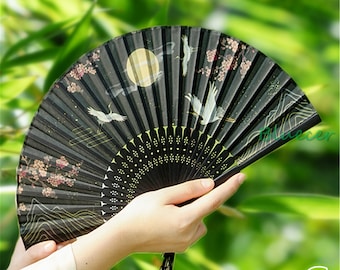 Crane Hand Fan, Black Rustic Bamboo Ribs Folding Fan, Summer Party Favors Handheld Fan, Japanese Hanfu Hand Held Fan, Bulk Wedding Fans Gift