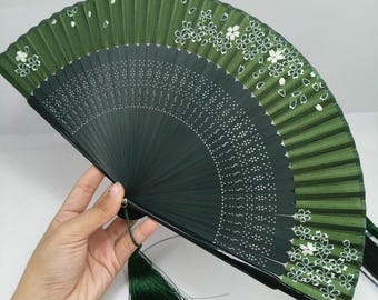 Elegant Sakura Handheld Fan, Peacock Green Hand Fan, Retro Hanfu Folding Fan, Beautiful Flower Fan, Housewarming Gift, Group Friendship Gift