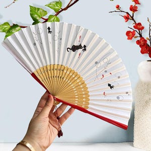 Cats Folding Fan, Portable Cotton Fabric Hand Fan, Summer Bamboo Handheld Fan for Travel, Wedding Party Favor, Hanfu Accessories, Gifts