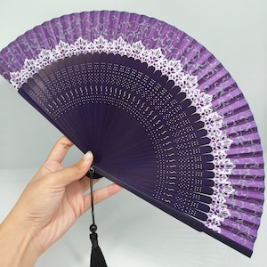 Purple Crown Silk Hand Fan, Elegant Bamboo Ribs Fan, Folding Fan with Tassels, Wedding Party Gift, Minimalism Handheld Fan, Gift For Parents