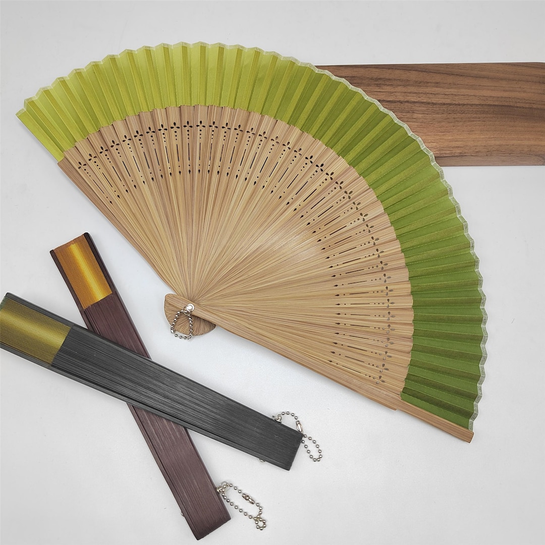 Handheld Fan Accessory Personalized Folding Hand Fan, Green Bamboo Ribs Fabric Fan, Wedding ...