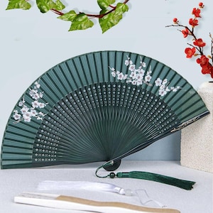 Dark Green Hand Fan, Retro Silk Folding Fans, Chinese Style Hand Held Fan, Portable Bamboo Folding Fan, Wedding Party Favor Fan, Home Decor