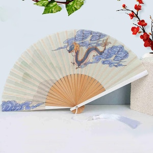 Silk Bamboo Fan with Dragon, Fans for Beach Party, Fans with Purple Clouds for Cosplay, Outdoor Music Festival Handheld Fan,Hand Folding Fan