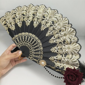 Red Rose Cosplay Hand Fan, Lolita Clothing Accessories Fan, Lace Handheld Fan, Attire Cosplay Party Fan, Elegant  Women&#39;s Lace Folding Fans