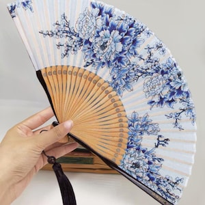 Elegant Flower Handheld Fan, Fabric Folding Fan, Vintage Silk Hand Fan, Blue And White Fan, Gift For Friends, Hanfu Fan, Party Favor Fans