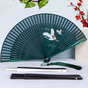 Celestial Cranes Dance -Silk Bamboo Fan, Minimalism Carved Hand Held Fan, Elegant Folding Fan, Prom Accessories,Portable Wedding Party Gifts