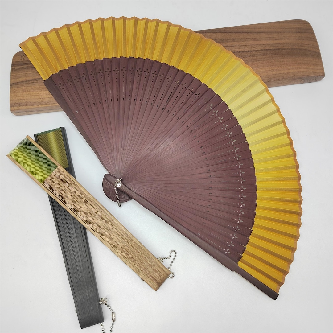 Gradient Gold Folding Fan, Rustic Silk Fabric Bamboo Ribs Hand Fan ...