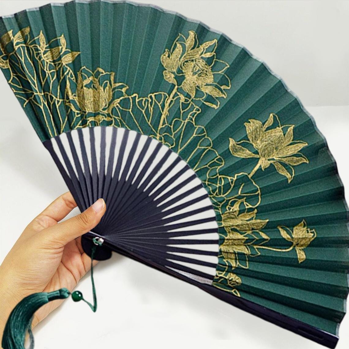 Large Kung Fu Bamboo Fan – Black Green Cloth Folding Fan with Lotus Butterfly, Elegant Martial Arts Hand Fan, Tai Chi Arts Accessory, Gift