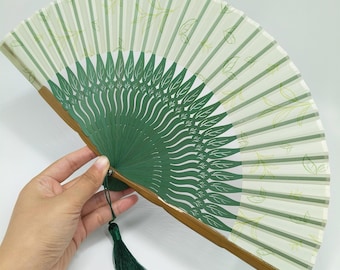 Green Leaves Hand Fan, Minimalist Bamboo Ribs Handheld Fan, Classical Folding Fan, Minima Summer Fans, Dance Fan, Wedding Gifts For Guest