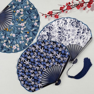 Blue Floral Leaf Folding Fan, Semi-Circle Bamboo Hand Fan,Elegant Silk Printed Handheld Fan,Accessory for Women,Handheld Fan for Summer Gift