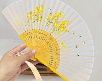 Sweet Olive Hand Fan, Yellow Floral Hand Held Fan, Flowers Folding Fan, Hand painted Hanfu Hand Fans, Wedding Party Favors, Bridals Gifts