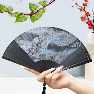 Bamboo Fan with Ancient Architecture, Portable Folding Hand Fan, Elegant Handheld Fan for Picnics, Handmade Graduation Gift, Wedding Favor