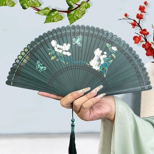Green Bamboo Fan with White Flowers, Portable Weddings Fan, Concerts Summer Fan, Elegant Bridesmaids Folding Fan, Party Handheld Fan, Gift