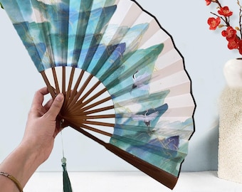 Crane Mountain Silk Folding Fan, 10 Inch Large Handheld Bamboo Fan, Green Landscape Fan for Decor,  Elegant Dance Fan, Portable Accessories