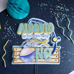 Ofishally One Cake Topper, Boy Ofishally One First Birthday Party, Boy Fishing Party, Blue Fishing First Birthday Party, Blue Boy Fish