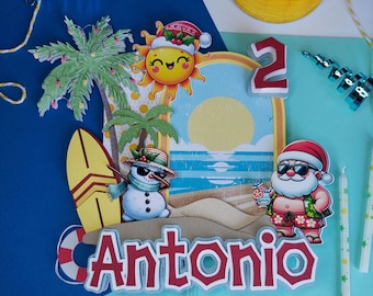 Christmas in July Cake Topper /  Santa and Palm Tree / Hawaiian Christmas/ Summer Christmas