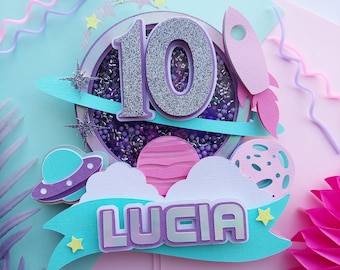 Space Cake Topper, Galaxy Cake Topper, Rocket Ship Cake Topper, Outer Space Birthday Party, Astronaut themed, Girl Outer Space topper,