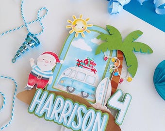 Christmas in July Cake Topper /  Santa and Palm Tree / Hawaiian Christmas/ Summer Christmas