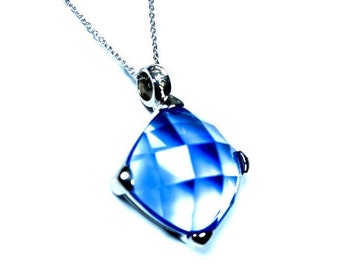 Sterling Silver Checkerboard Faceted Cushion Cut Sapphire Stone Pendentif