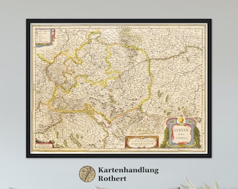 May include: An antique map of Svevia, a region in Germany, printed in black, brown, yellow, and red ink on a cream-colored background. The map is framed in black and features a decorative cartouche with the text "Svevia Nova Tabula".
