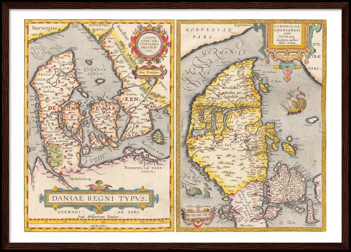 Historical map of Denmark around 1609 reprint of the map Etsy