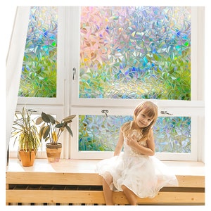 Window Privacy Film, Decorative Window Film, Stained Glass Window Stickers,  Rainbow Cling Holographic, Window Covering Prism Film,No Glue Frosted Half