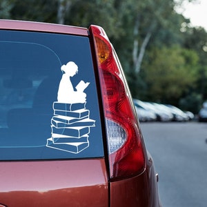 Girl on Books Decal Free Shipping Vinyl Decal Custom Decal Car Sticker Custom Laptop Decal Librarian Reader Fantasy Imagination Storytime