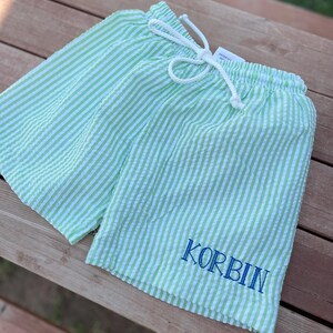 Monogrammed Seersucker Boys Swim Trunks, Embroidered Toddler Swimsuit image 5