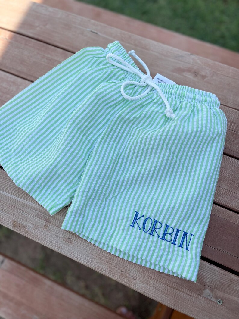 Monogrammed Seersucker Boys Swim Trunks, Embroidered Toddler Swimsuit image 5