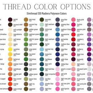 May include: A colour chart of 120 thread colours from Simthread's Madiera Polyneon line. The colours are arranged in rows and columns, with each colour labelled with a name and a corresponding number. The colours range from bright and vibrant to muted and subtle.