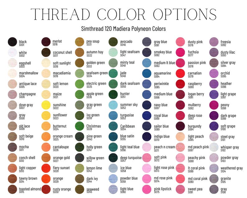 May include: A colour chart of 120 thread colours from Simthread's Madiera Polyneon line. The colours are arranged in rows and columns, with each colour labelled with a name and a corresponding number. The colours range from bright and vibrant to muted and subtle.
