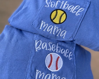 Embroidered Baseball Mama Pocket Tee, Comfort Colors Game Day Shirt