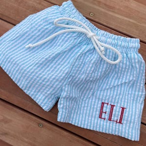 Monogrammed Seersucker Boys Swim Trunks, Embroidered Toddler Swimsuit image 4